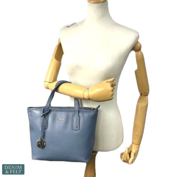 Furla Genuine Leather Blue Tote Bag with Strap Satchel Shoulder Bag Authentic - Picture 12 of 13